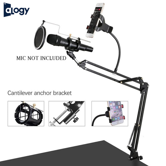 ALOGY Boom Suspension Scissor Arm Stand Dock Holder For Mobile And Microphone With Mic Support Pop Filter Windscreen Tablet Clip Table Black