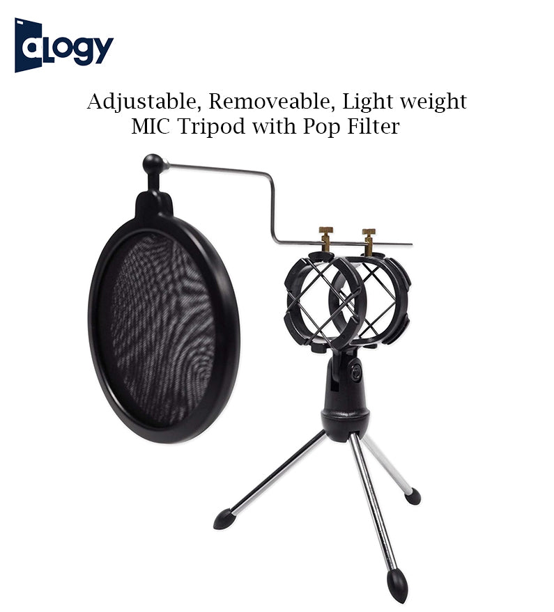 Microphone Holder With Pop Filter Adjustable Studio Microphone Tripod Stand Foldable Desktop Microphone Bracket with Shock Mount Mic Holder Clip and Pop Filter