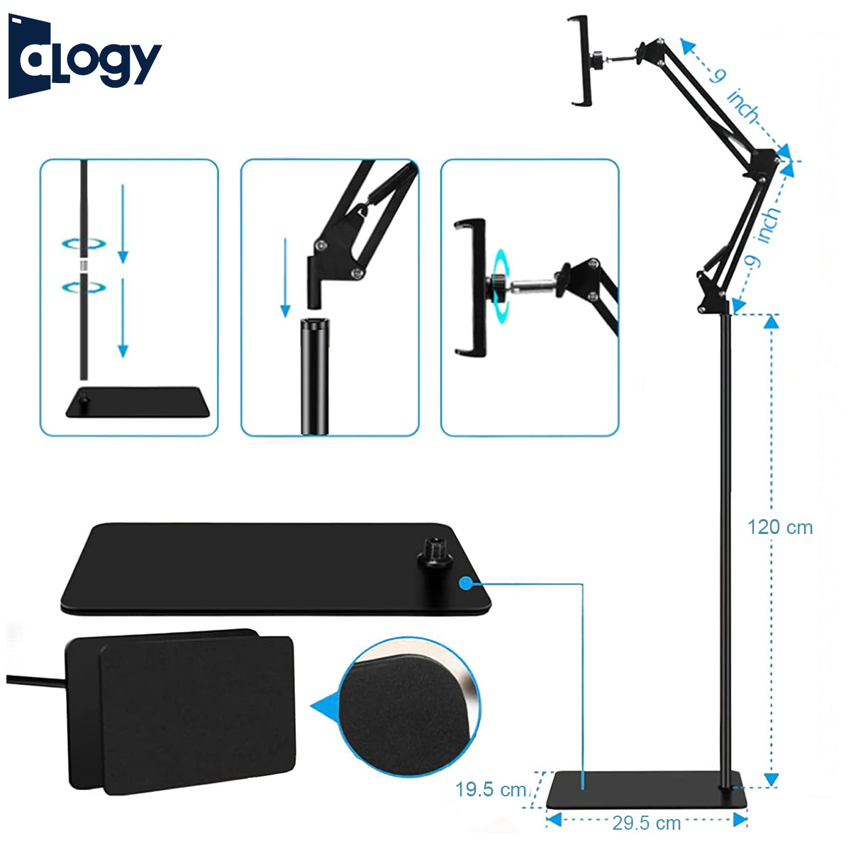 Alogy Hold Up Tabletop, Adjustable Portable Foldable Floor Stand Tablet Mobile Stand Floor Desk Sofa Bed Stand Gooseneck 360 Rotating With ArmStand