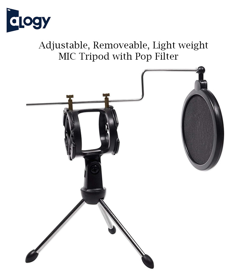 Microphone Holder With Pop Filter Adjustable Studio Microphone Tripod Stand Foldable Desktop Microphone Bracket with Shock Mount Mic Holder Clip and Pop Filter