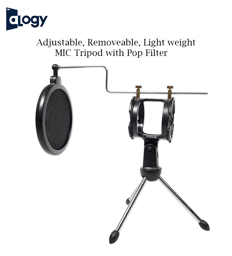 Microphone Holder With Pop Filter Adjustable Studio Microphone Tripod Stand Foldable Desktop Microphone Bracket with Shock Mount Mic Holder Clip and Pop Filter