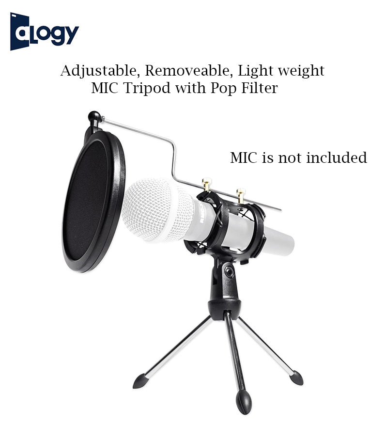 Microphone Holder With Pop Filter Adjustable Studio Microphone Tripod Stand Foldable Desktop Microphone Bracket with Shock Mount Mic Holder Clip and Pop Filter