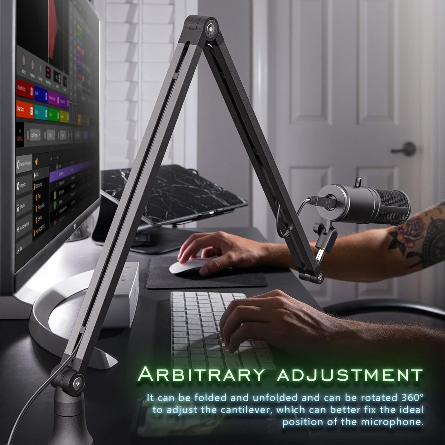 Alogy Boom ArmStand, 360° Rotatable Microphone Stand with Desk Mount, Foldable Desk Mic Arm with 3/8'' to 5/8'' Screw Adapter, Microphone Arm for Live Streaming, Gaming, Podcasting, Radio.