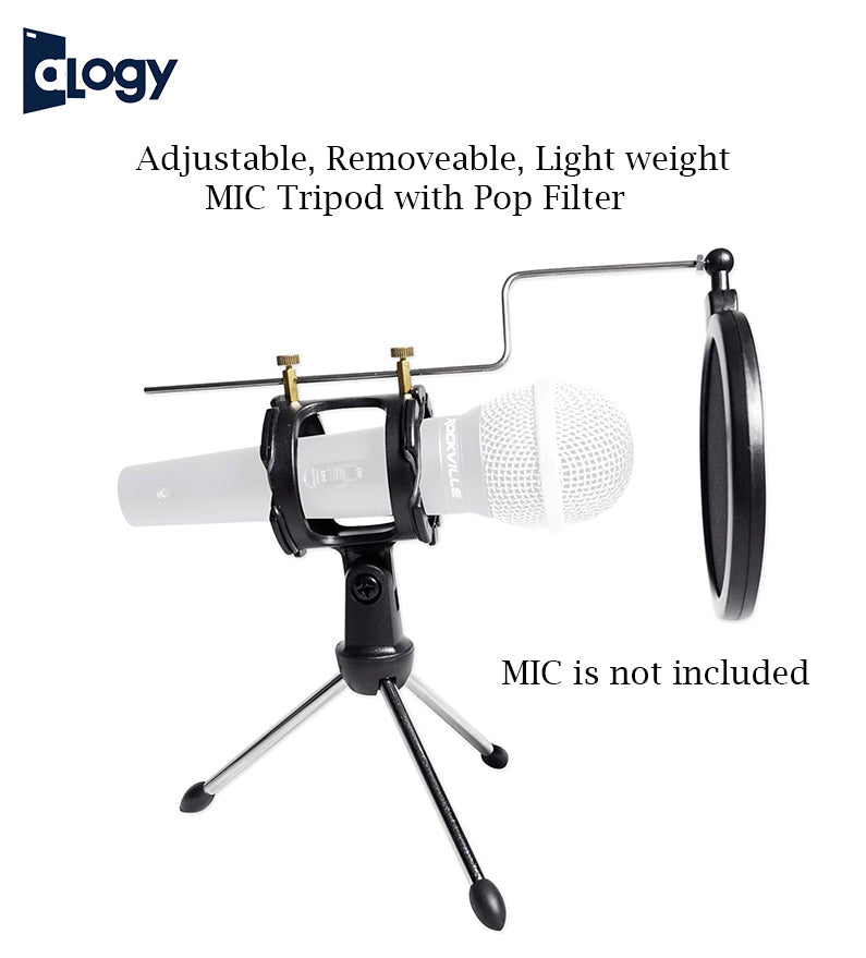Microphone Holder With Pop Filter Adjustable Studio Microphone Tripod Stand Foldable Desktop Microphone Bracket with Shock Mount Mic Holder Clip and Pop Filter