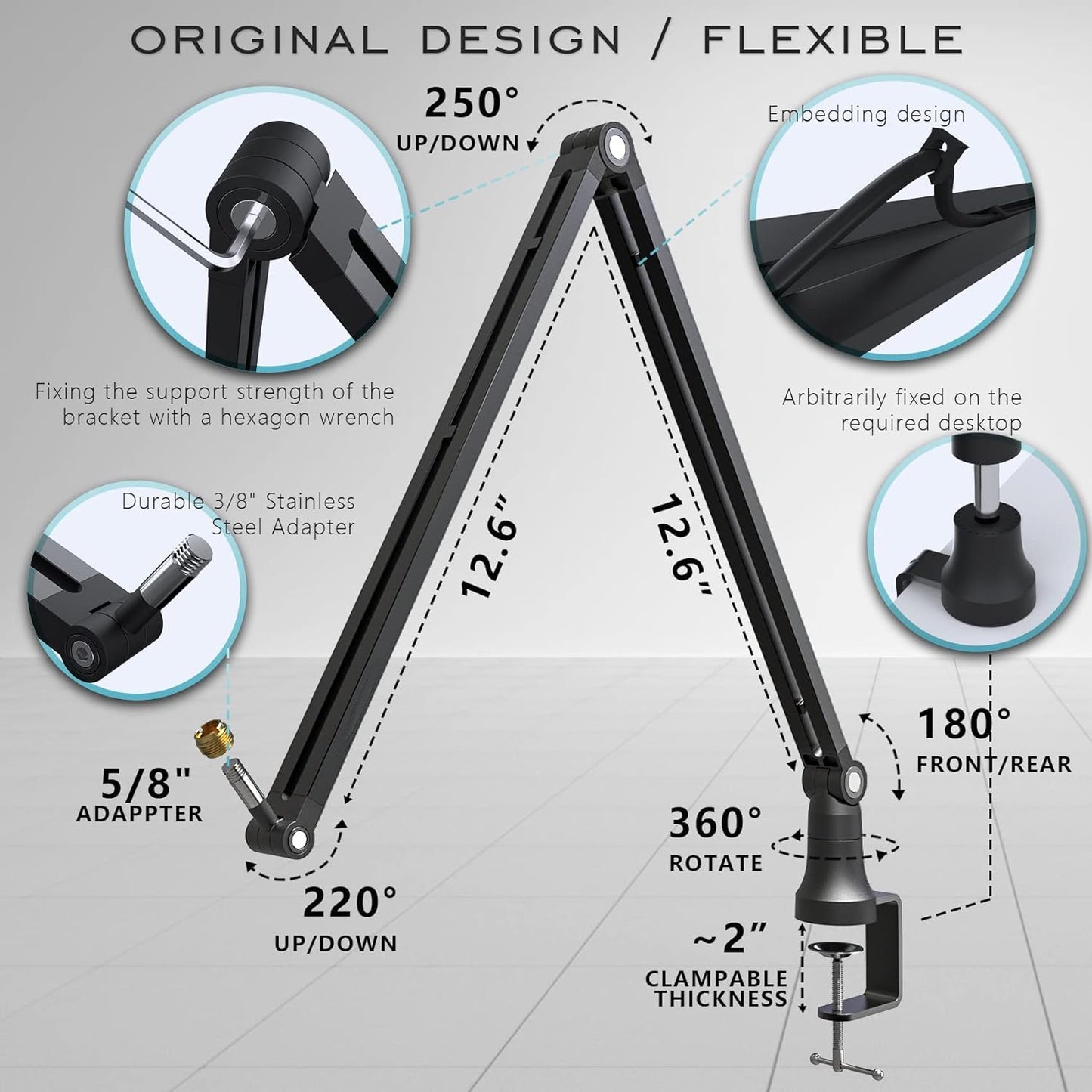 Alogy Boom ArmStand, 360° Rotatable Microphone Stand with Desk Mount, Foldable Desk Mic Arm with 3/8'' to 5/8'' Screw Adapter, Microphone Arm for Live Streaming, Gaming, Podcasting, Radio.