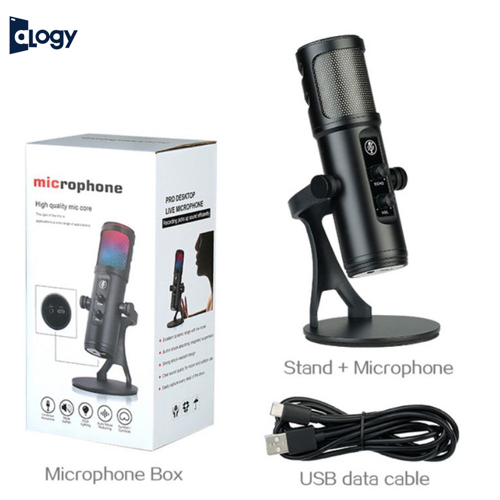 ALOGY Desktop Microphone RGB Condenser Microphone for Recording Professional USB Mic with Earphone for Game Live Broadcast
