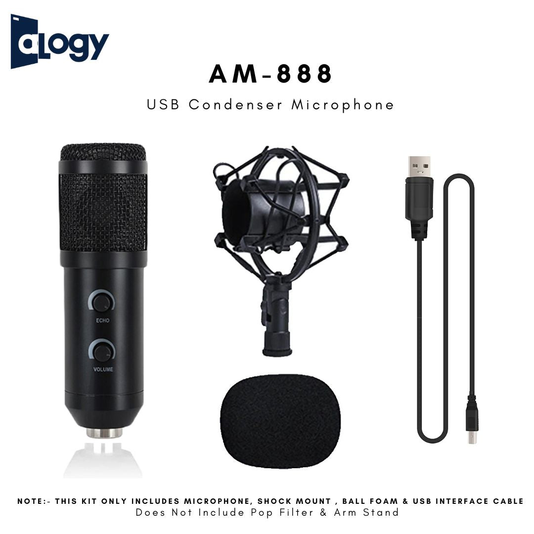 ALOGY AM-888 With Echo And Volume Adjust Condenser Microphone with Shock Mount Ball Foam & USB Interface Cable for Studio Recording & Broadcasting Live steaming Gaming - Black AM888 / AM 888