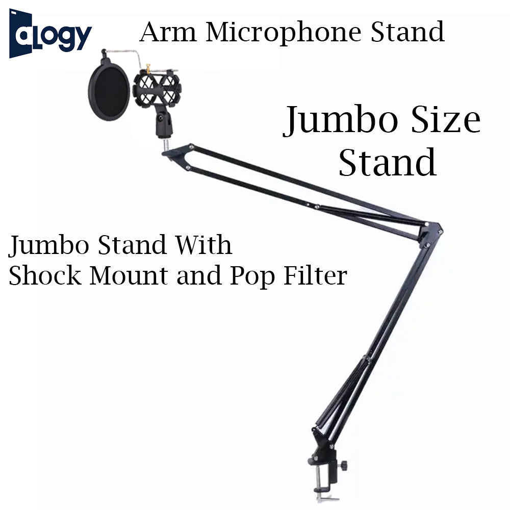 ALOGY Extendable Jumbo Size Recording Microphone Scissor Arm Stand with Shock Mount and Pop Filter Table Mounting Clamp