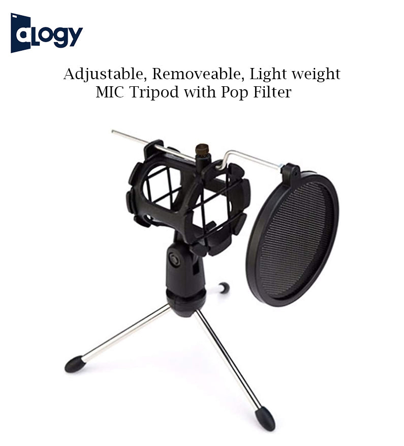 Microphone Holder With Pop Filter Adjustable Studio Microphone Tripod Stand Foldable Desktop Microphone Bracket with Shock Mount Mic Holder Clip and Pop Filter