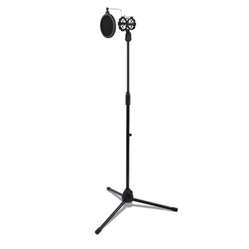 Studio Microphone Metal Floor Stand For BM800 & Other Mics - Single Mic With Shock Mount and Mini Pop Filter