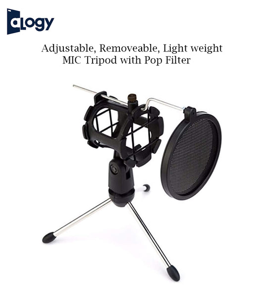 Microphone Holder With Pop Filter Adjustable Studio Microphone Tripod Stand Foldable Desktop Microphone Bracket with Shock Mount Mic Holder Clip and Pop Filter
